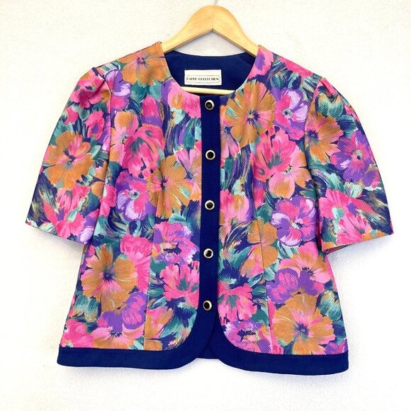 Pablo Collection Button Up Floral Blazer Jacket 8P Petite 8 Colorful 1/2 Sleeve - Picture 1 of 11